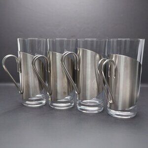 Vintage Danish Glass Coffee Mugs MCM Glass & Steel Minimalist Drinkware Set of 4